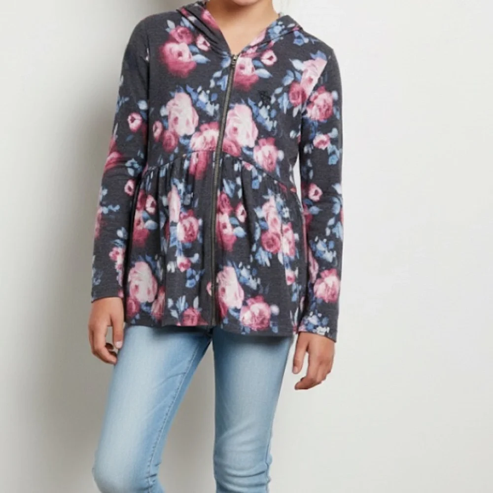 Abercrombie Kids Floral Rose gray Peplum Zip Up Hoodie Cardigan Size 13/14‎ NWOT